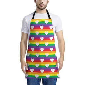 White Heart On LGBT Pride Striped Print Apron