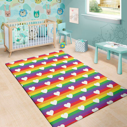 White Heart On LGBT Pride Striped Print Area Rug