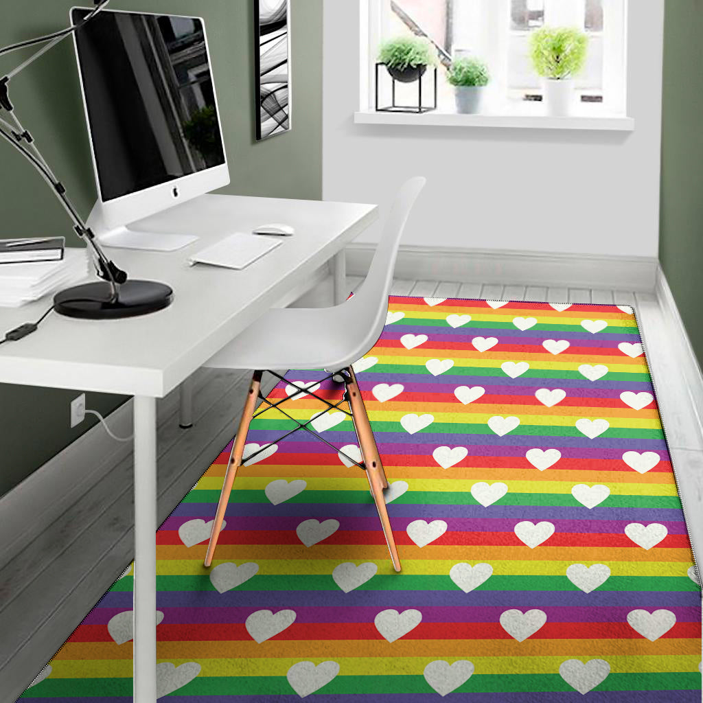 White Heart On LGBT Pride Striped Print Area Rug