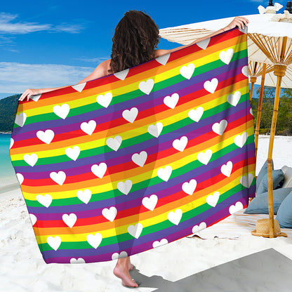 White Heart On LGBT Pride Striped Print Beach Sarong Wrap
