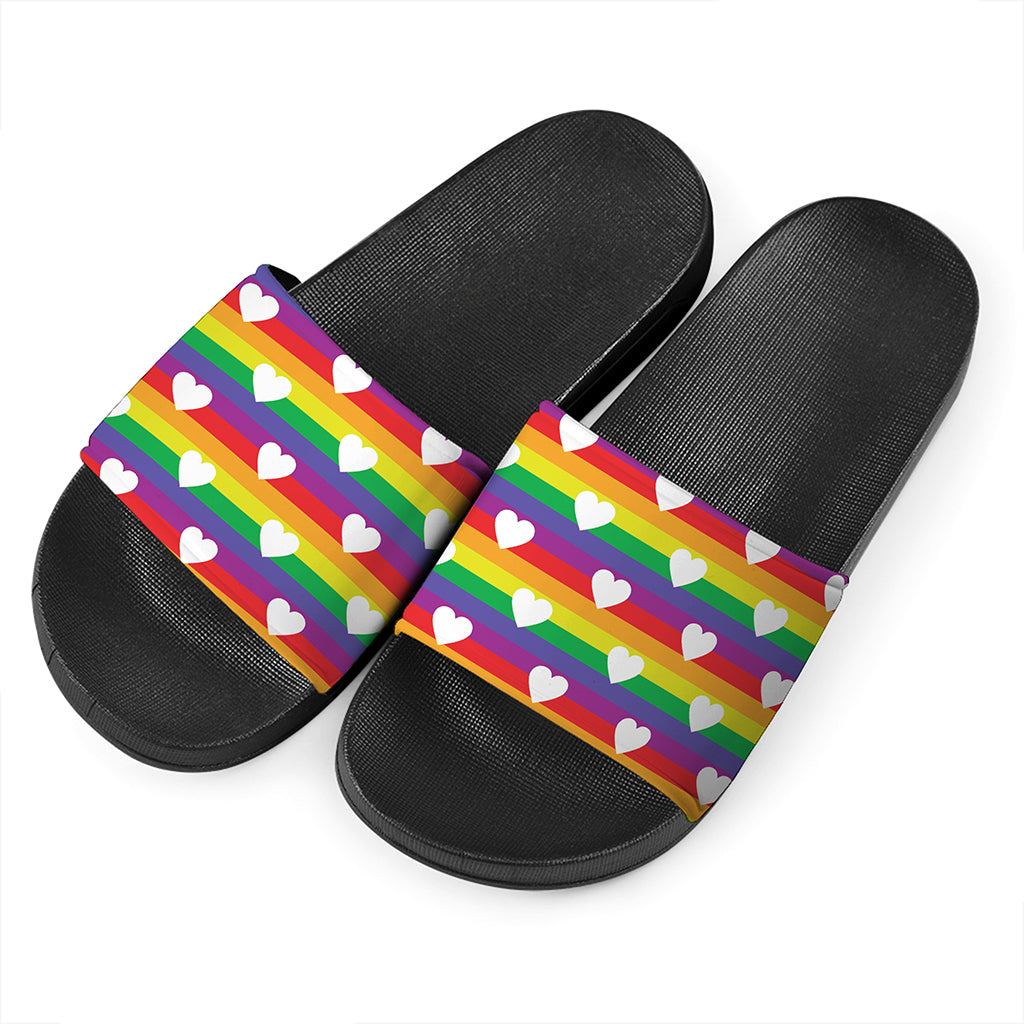 White Heart On LGBT Pride Striped Print Black Slide Sandals