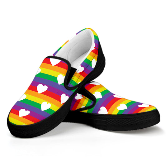 White Heart On LGBT Pride Striped Print Black Slip On Shoes