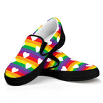 White Heart On LGBT Pride Striped Print Black Slip On Shoes
