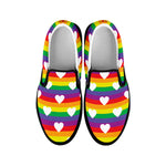 White Heart On LGBT Pride Striped Print Black Slip On Shoes
