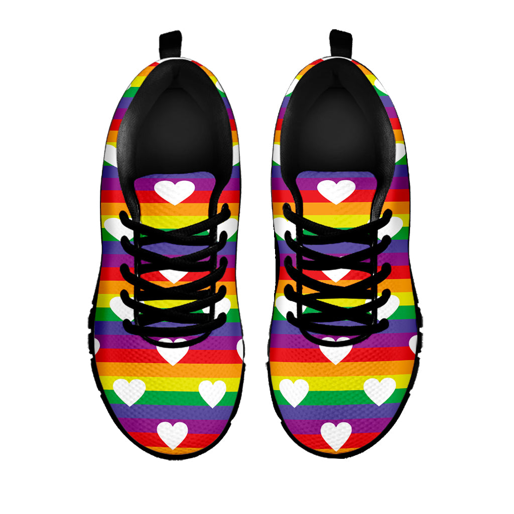 White Heart On LGBT Pride Striped Print Black Sneakers