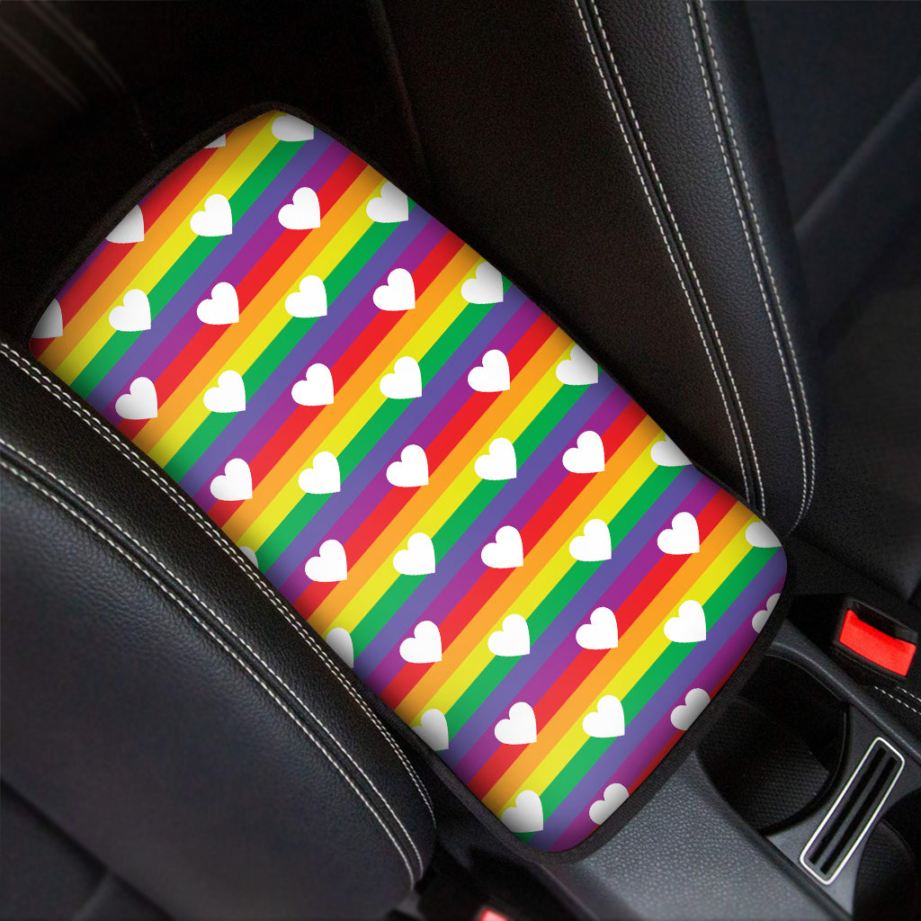 White Heart On LGBT Pride Striped Print Car Center Console Cover
