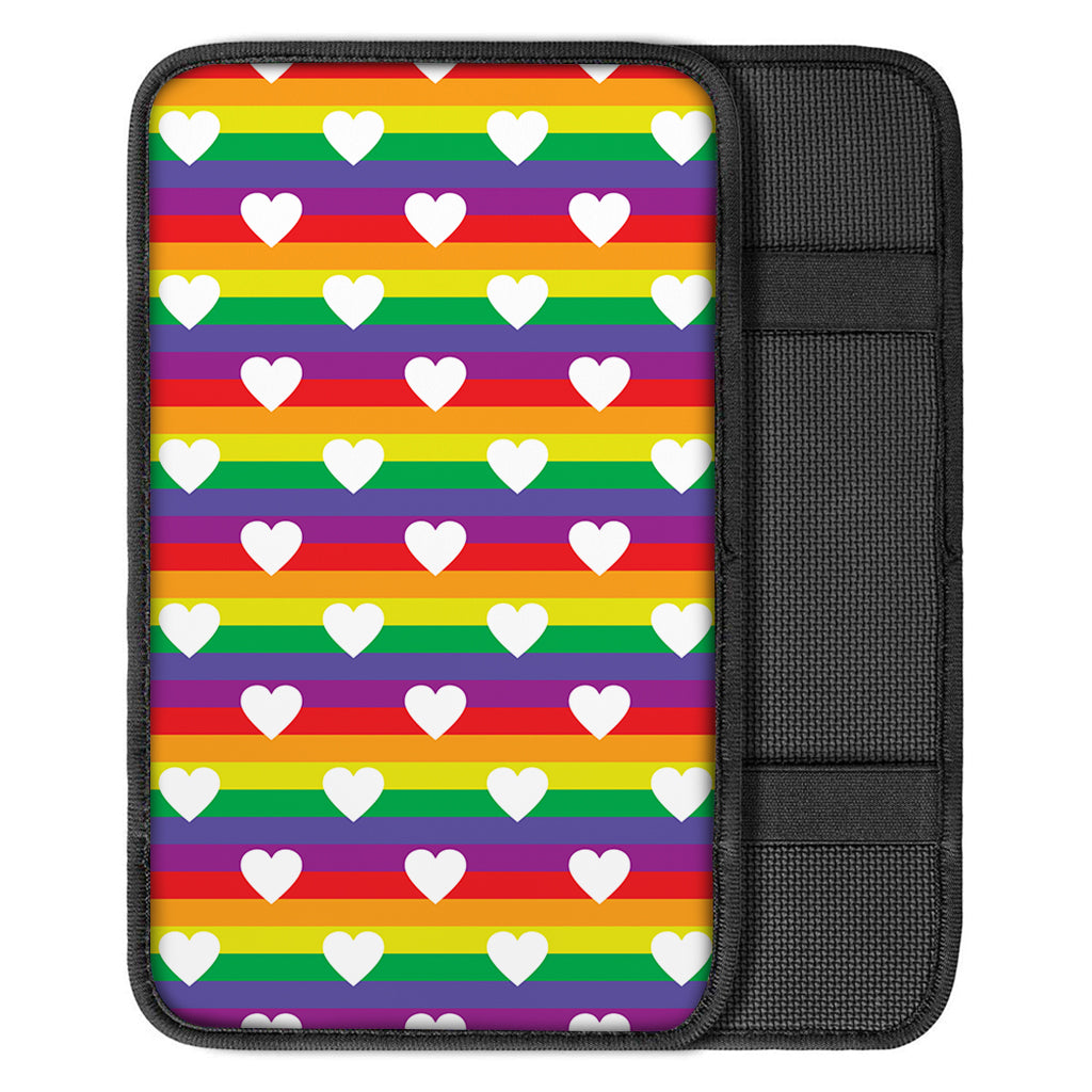 White Heart On LGBT Pride Striped Print Car Center Console Cover