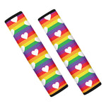 White Heart On LGBT Pride Striped Print Car Seat Belt Covers