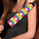 White Heart On LGBT Pride Striped Print Car Seat Belt Covers