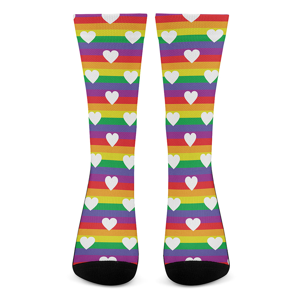 White Heart On LGBT Pride Striped Print Crew Socks
