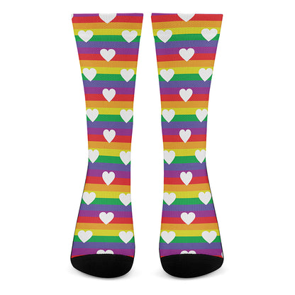 White Heart On LGBT Pride Striped Print Crew Socks