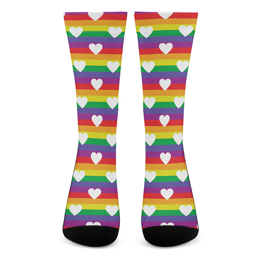White Heart On LGBT Pride Striped Print Crew Socks