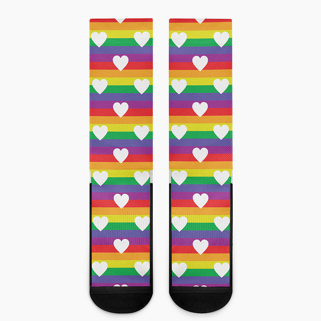 White Heart On LGBT Pride Striped Print Crew Socks