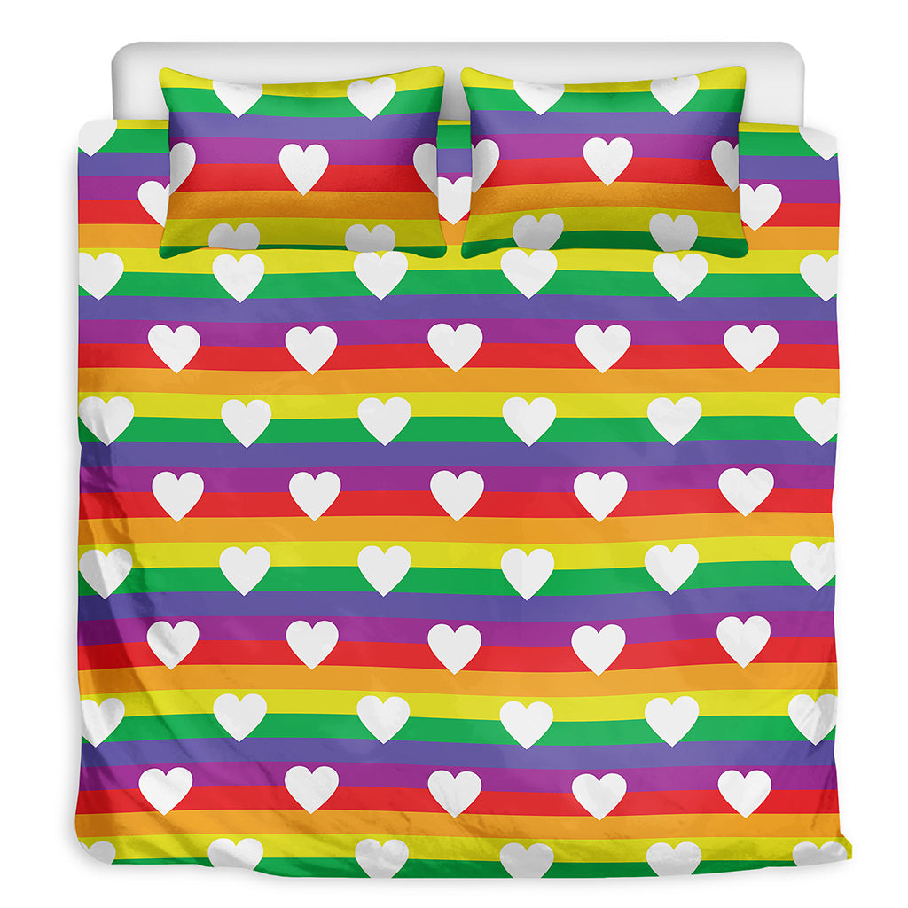 White Heart On LGBT Pride Striped Print Duvet Cover Bedding Set