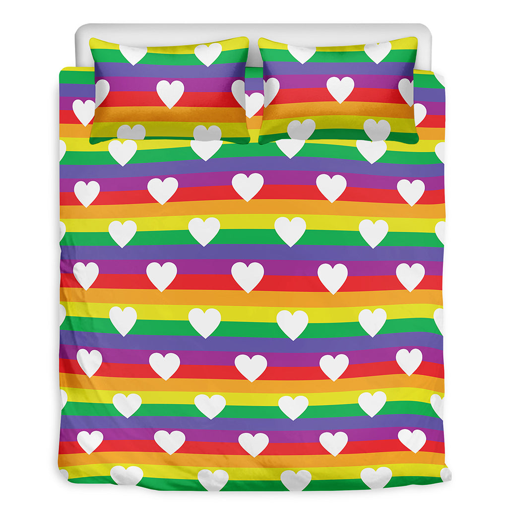 White Heart On LGBT Pride Striped Print Duvet Cover Bedding Set