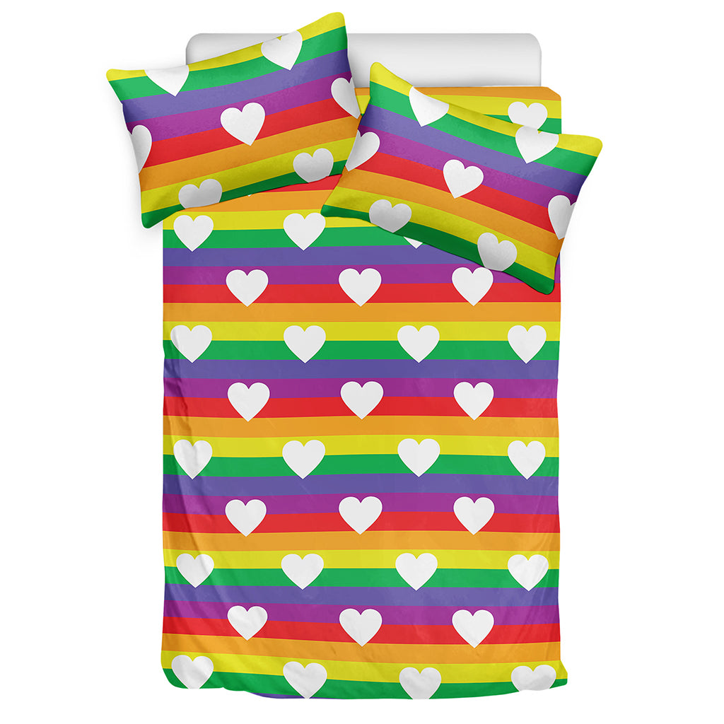 White Heart On LGBT Pride Striped Print Duvet Cover Bedding Set