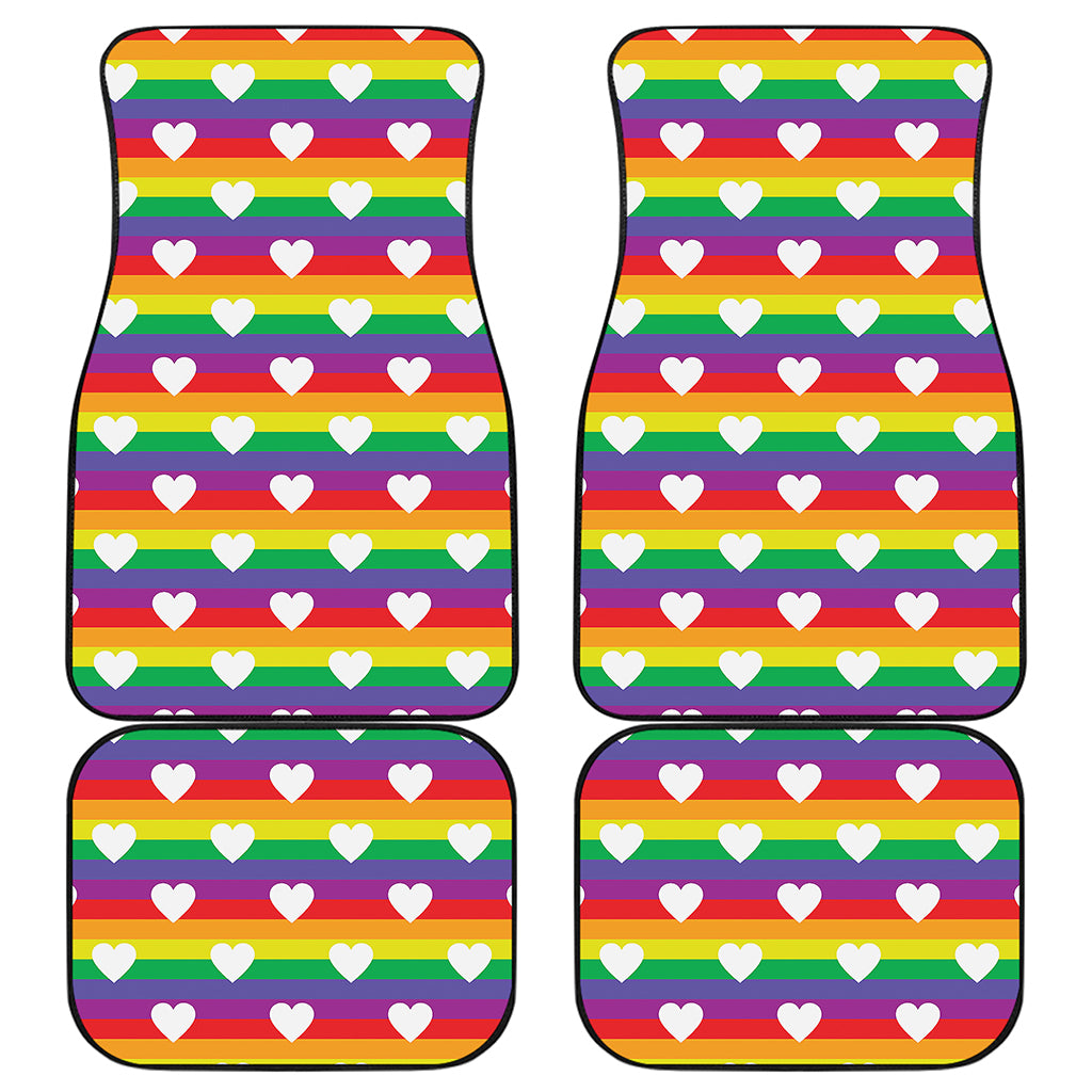 White Heart On LGBT Pride Striped Print Front and Back Car Floor Mats