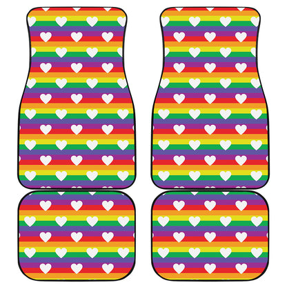 White Heart On LGBT Pride Striped Print Front and Back Car Floor Mats