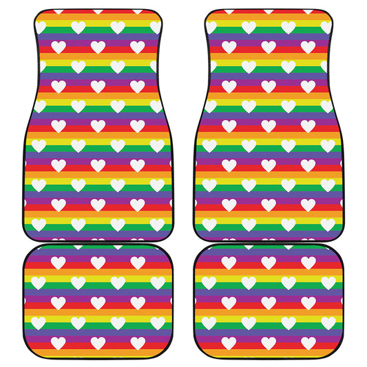 White Heart On LGBT Pride Striped Print Front and Back Car Floor Mats
