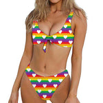 White Heart On LGBT Pride Striped Print Front Bow Tie Bikini