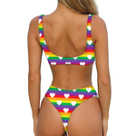 White Heart On LGBT Pride Striped Print Front Bow Tie Bikini