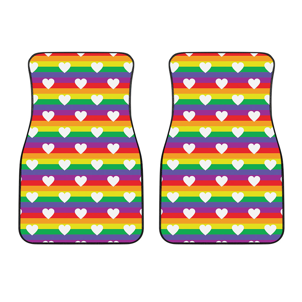 White Heart On LGBT Pride Striped Print Front Car Floor Mats