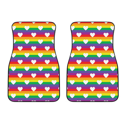 White Heart On LGBT Pride Striped Print Front Car Floor Mats