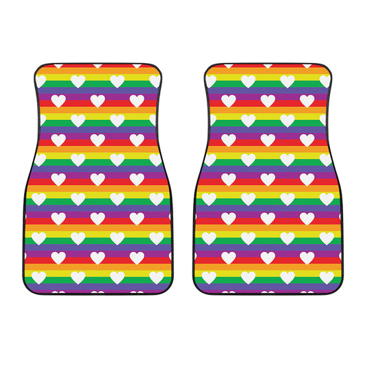 White Heart On LGBT Pride Striped Print Front Car Floor Mats