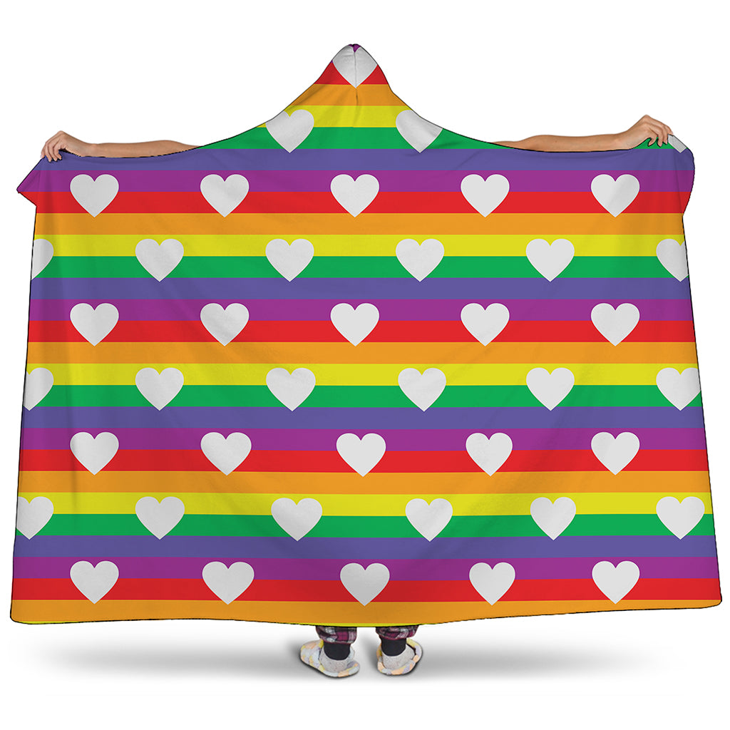 White Heart On LGBT Pride Striped Print Hooded Blanket
