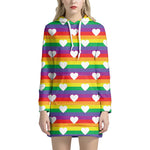 White Heart On LGBT Pride Striped Print Hoodie Dress