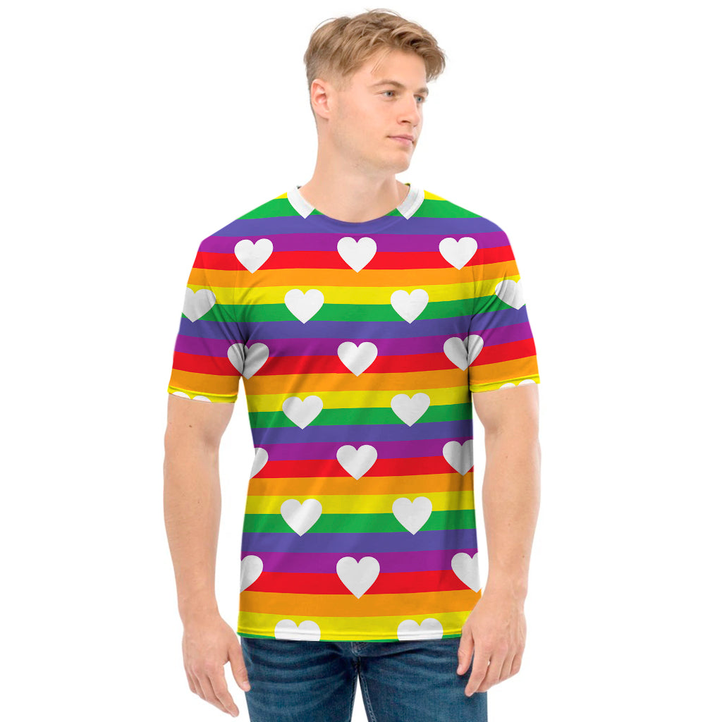 White Heart On LGBT Pride Striped Print Men's T-Shirt