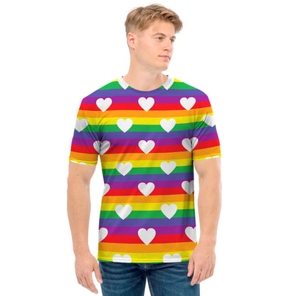 White Heart On LGBT Pride Striped Print Men's T-Shirt