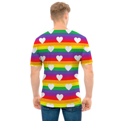 White Heart On LGBT Pride Striped Print Men's T-Shirt
