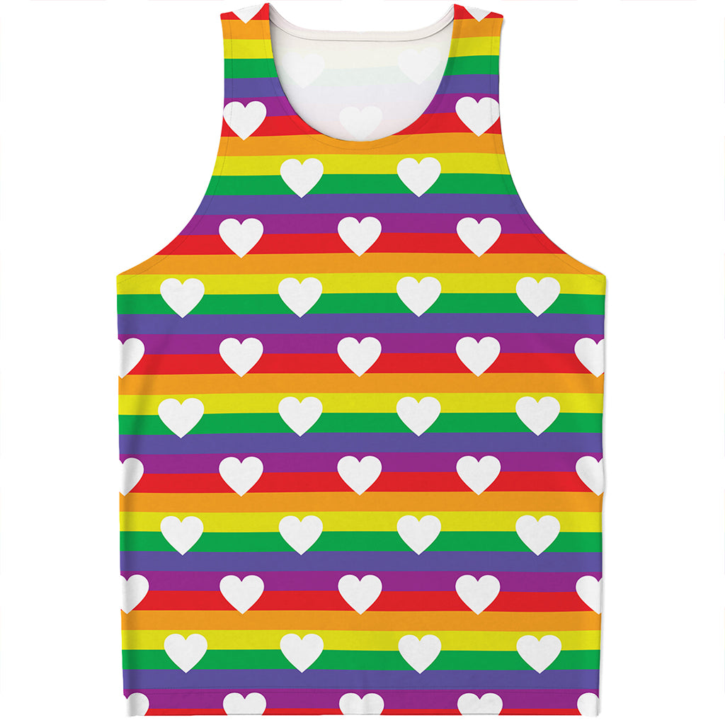 White Heart On LGBT Pride Striped Print Men's Tank Top
