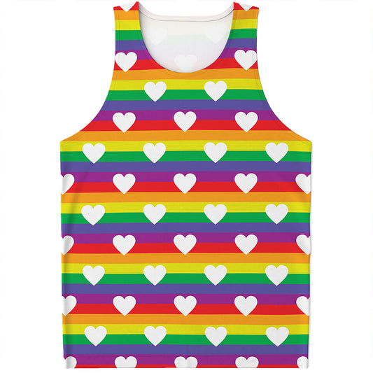 White Heart On LGBT Pride Striped Print Men's Tank Top