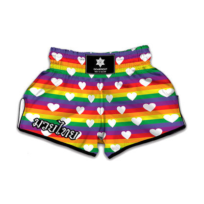 White Heart On LGBT Pride Striped Print Muay Thai Boxing Shorts