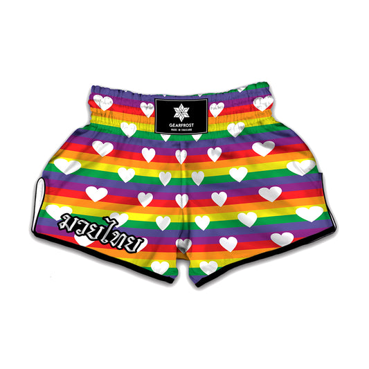 White Heart On LGBT Pride Striped Print Muay Thai Boxing Shorts
