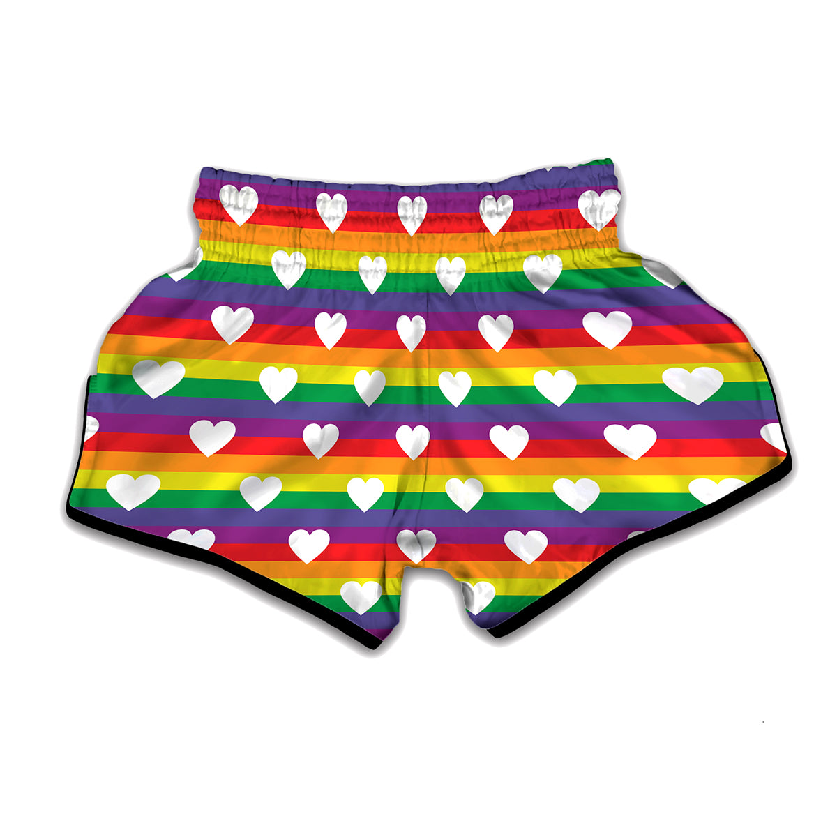 White Heart On LGBT Pride Striped Print Muay Thai Boxing Shorts
