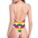 White Heart On LGBT Pride Striped Print One Piece High Cut Swimsuit