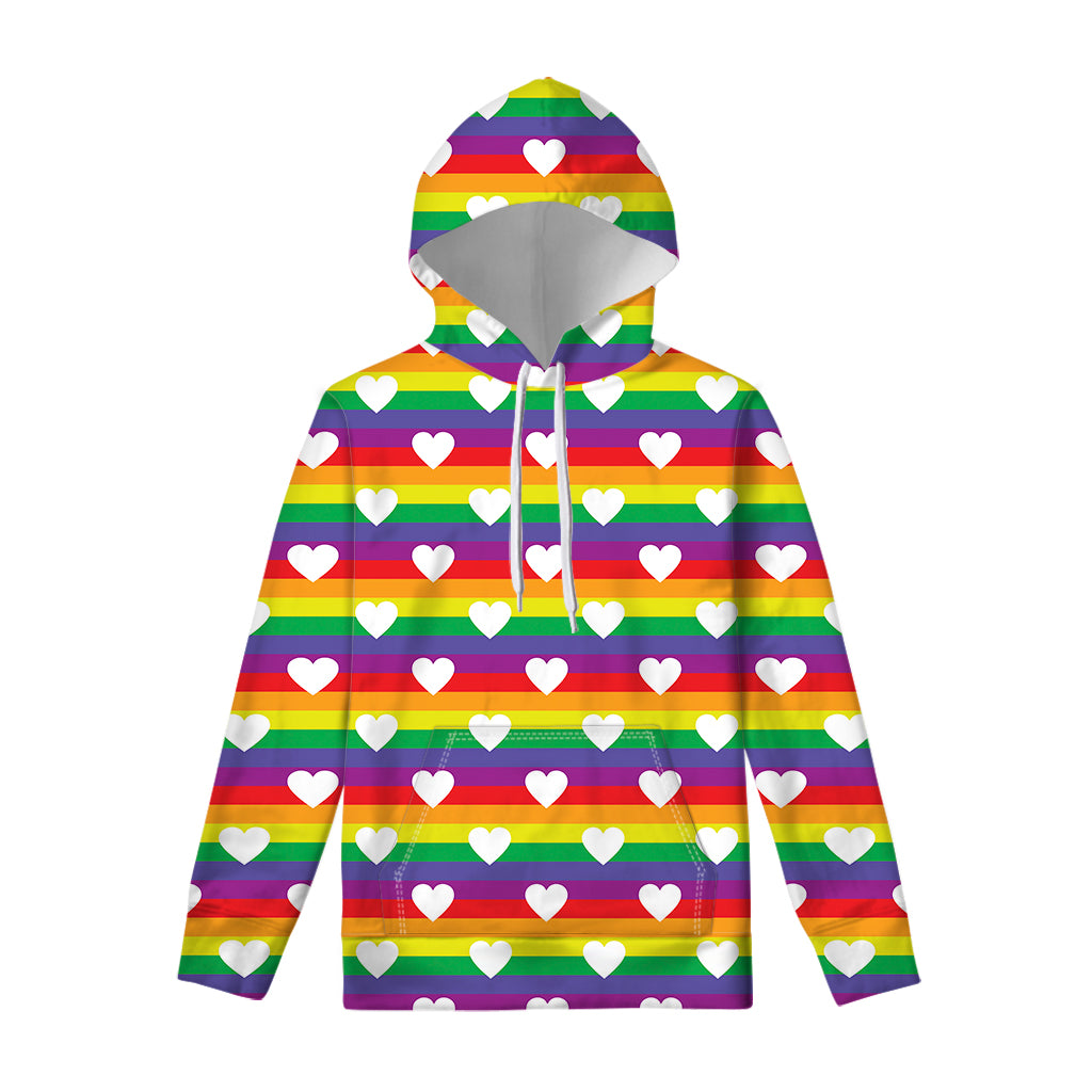 White Heart On LGBT Pride Striped Print Pullover Hoodie