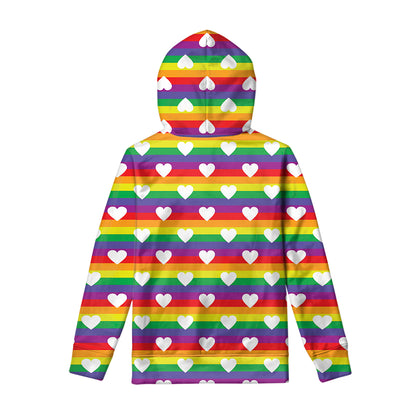 White Heart On LGBT Pride Striped Print Pullover Hoodie