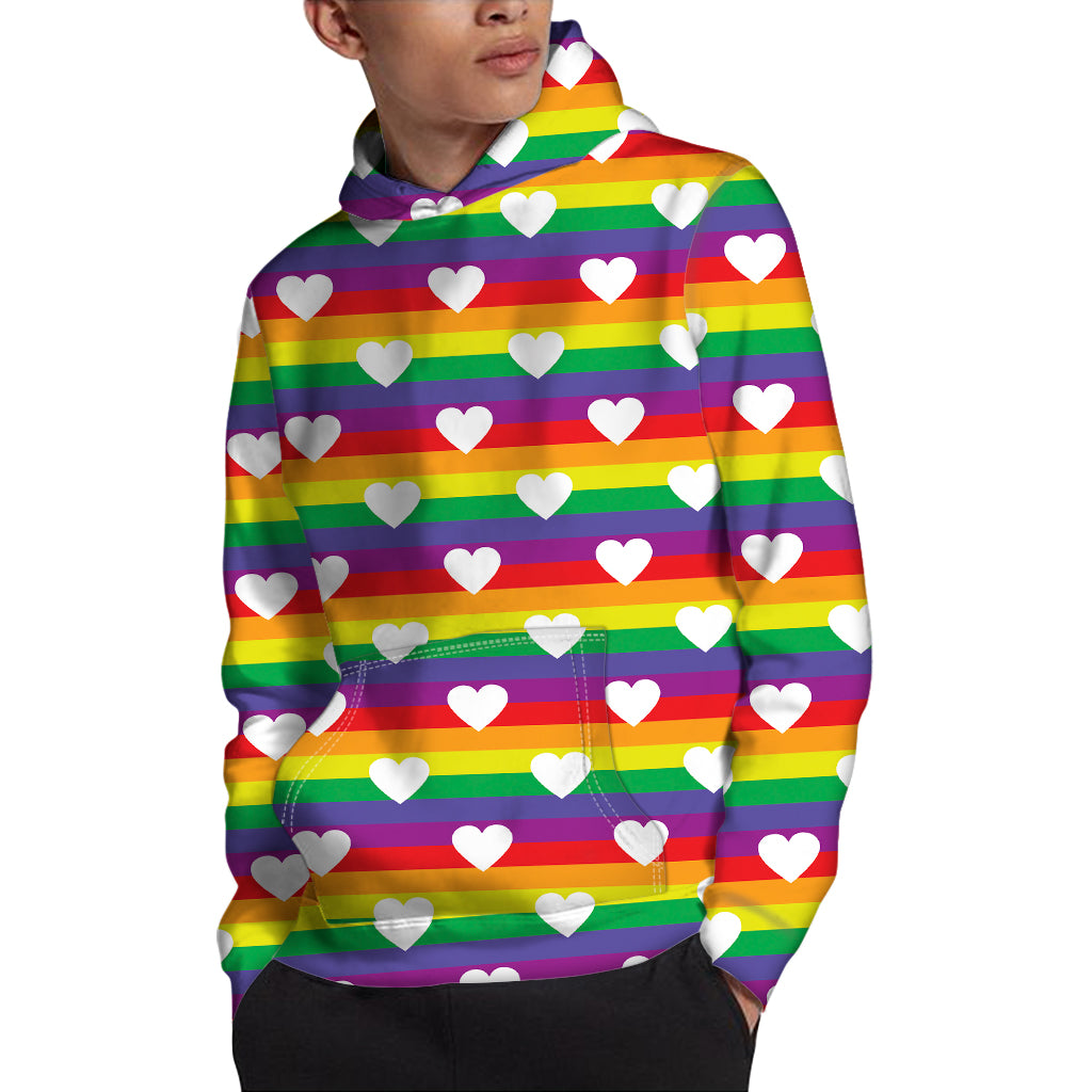 White Heart On LGBT Pride Striped Print Pullover Hoodie