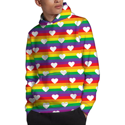 White Heart On LGBT Pride Striped Print Pullover Hoodie