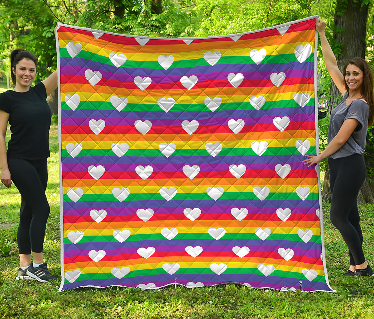 White Heart On LGBT Pride Striped Print Quilt