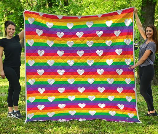 White Heart On LGBT Pride Striped Print Quilt