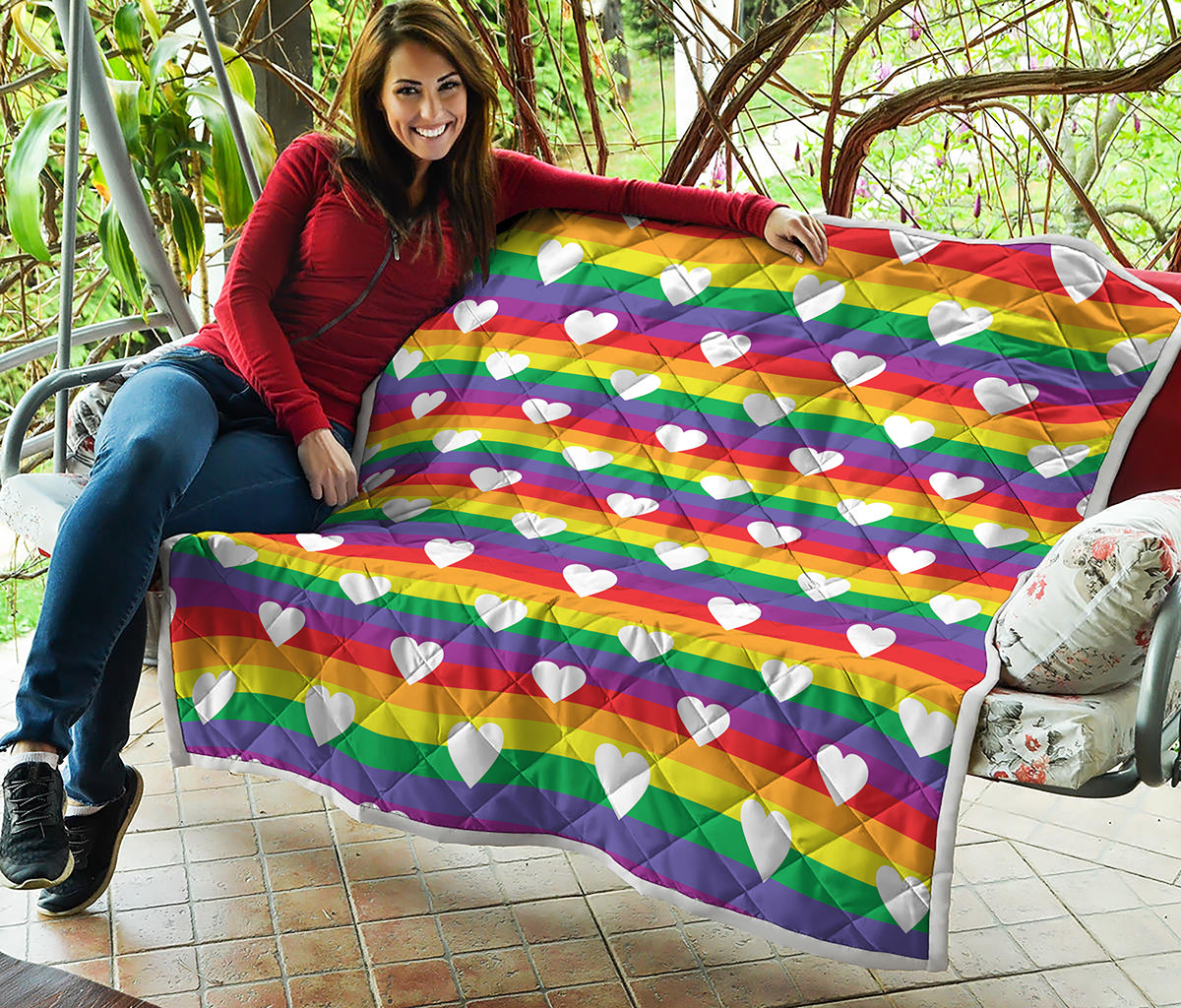 White Heart On LGBT Pride Striped Print Quilt