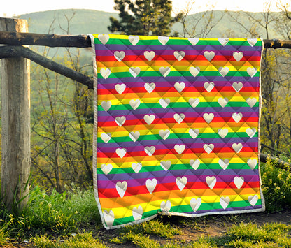 White Heart On LGBT Pride Striped Print Quilt