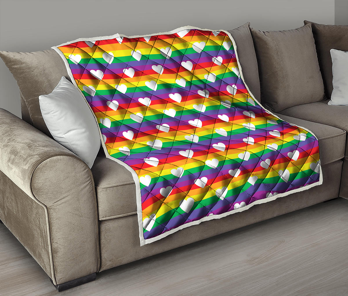 White Heart On LGBT Pride Striped Print Quilt