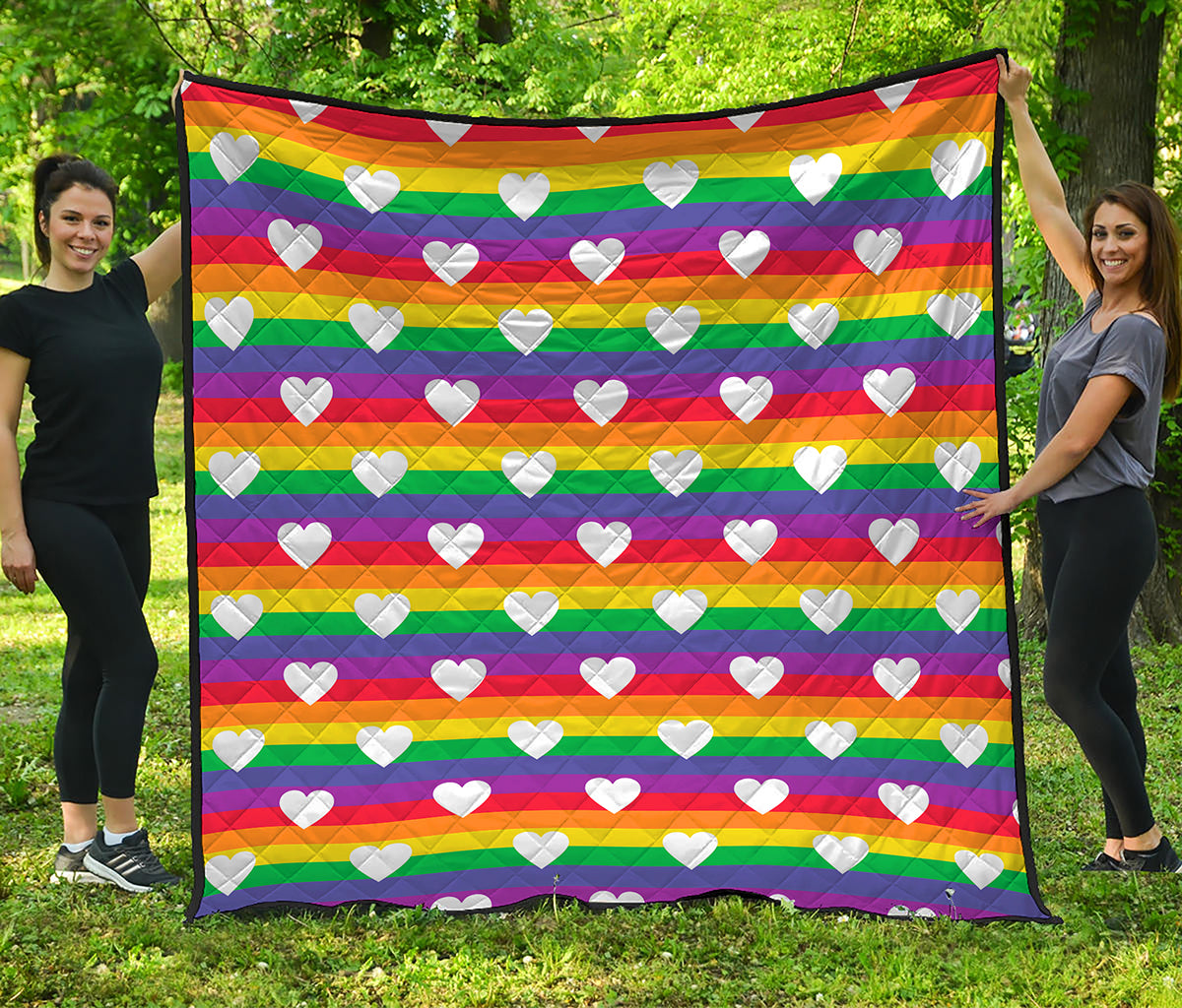 White Heart On LGBT Pride Striped Print Quilt