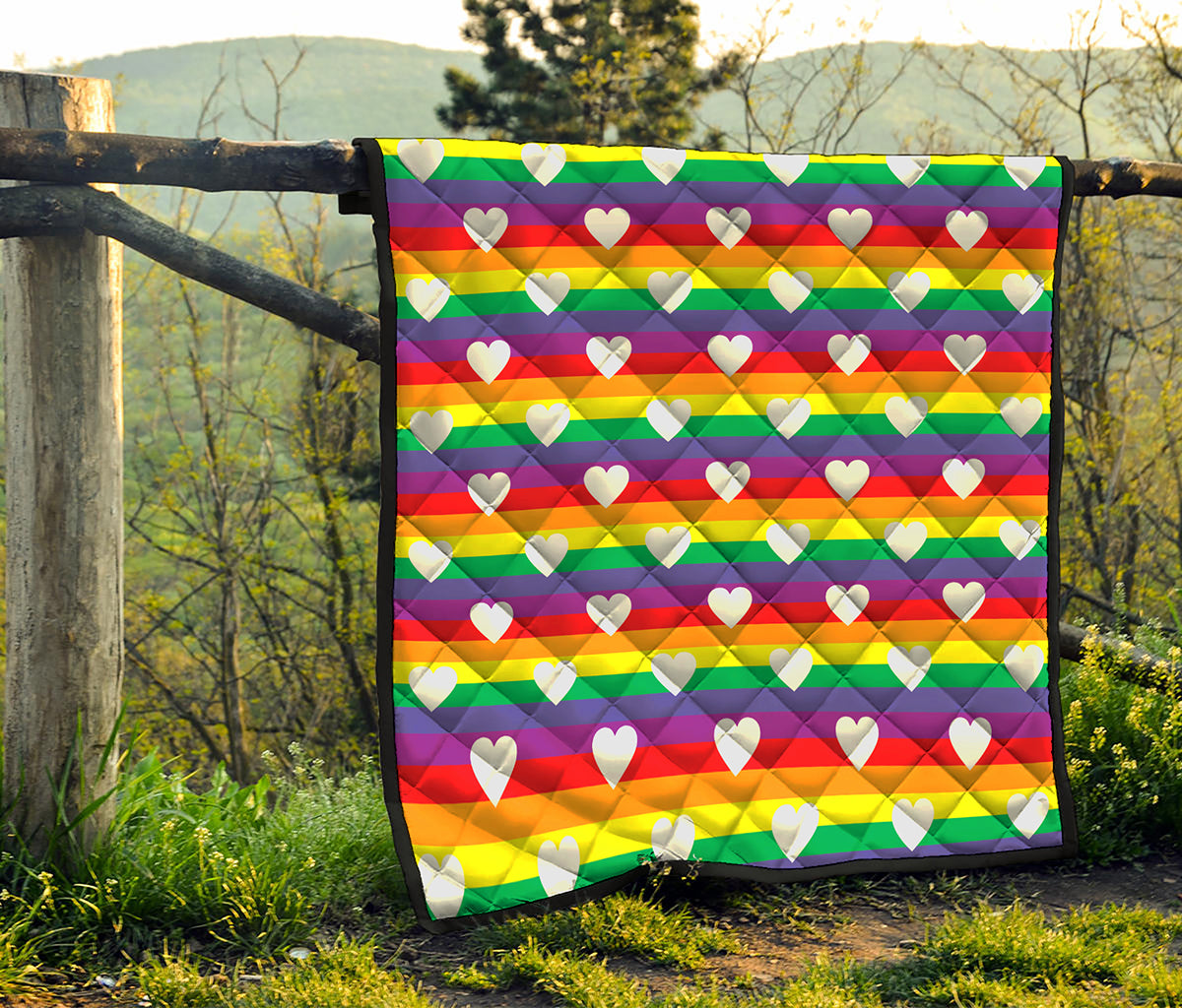 White Heart On LGBT Pride Striped Print Quilt